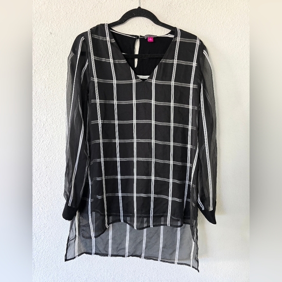 Vince Camuto Tunic Women Sz S Multi Print Mesh Sheer High Low Classy Modern - Picture 2 of 13